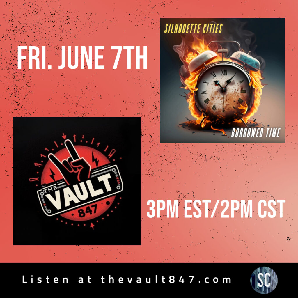 A flyer for a radio show on The Vault 847, including the radio station's logo and the album art cover for Borrowed Time by Silhouette Cities.