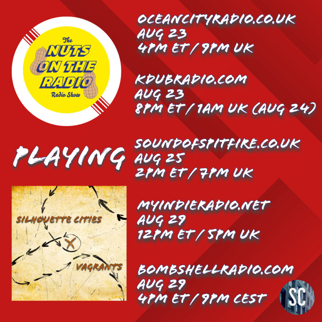 The Nuts on the Radio Show playing 'Vagrants' by Silhouette Cities on multiple dates and radio stations.